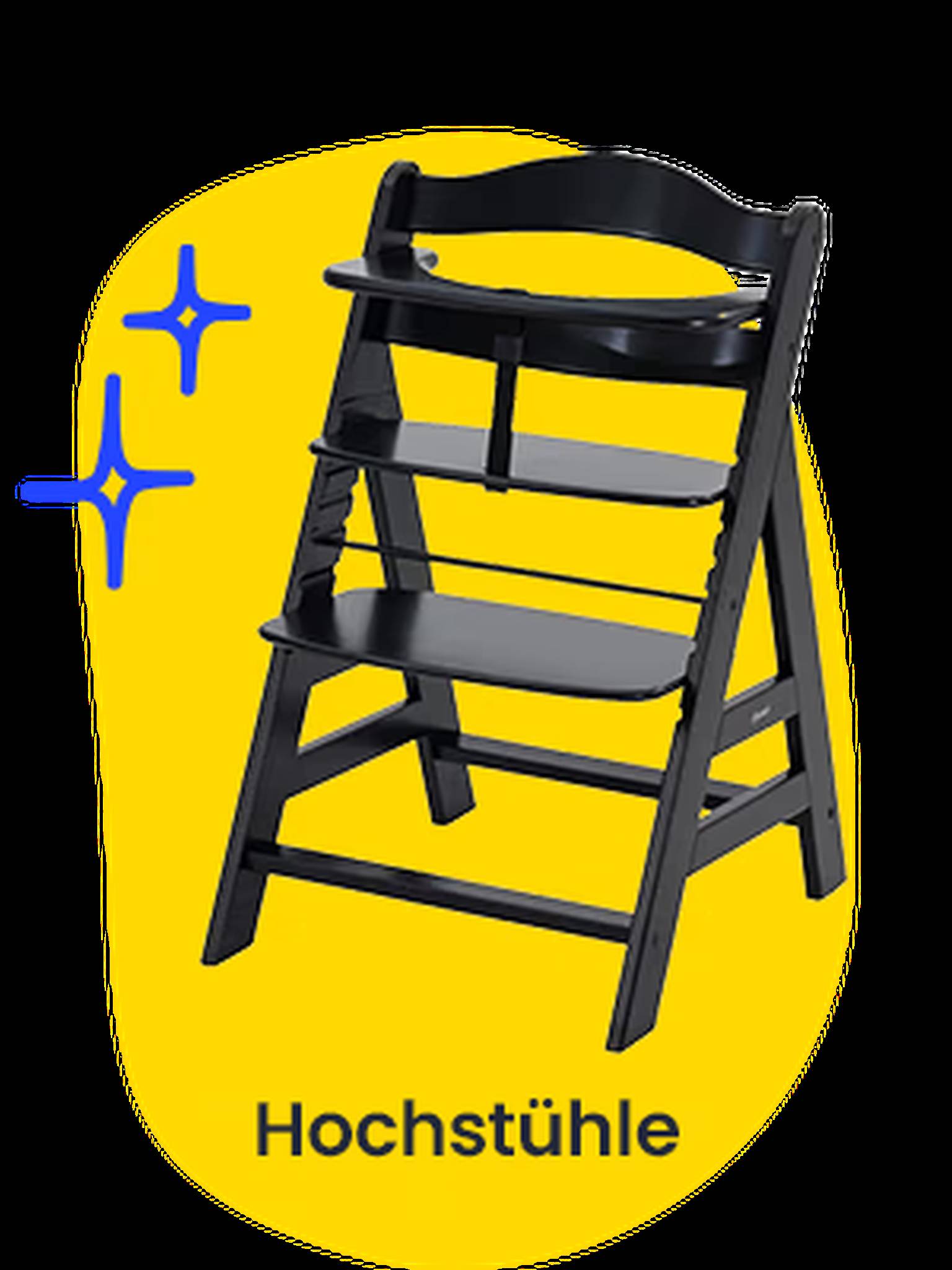 Hochstühle. Auf einem gelben Shape ist ein schwarzer Treppenhochstuhl abgebildet.