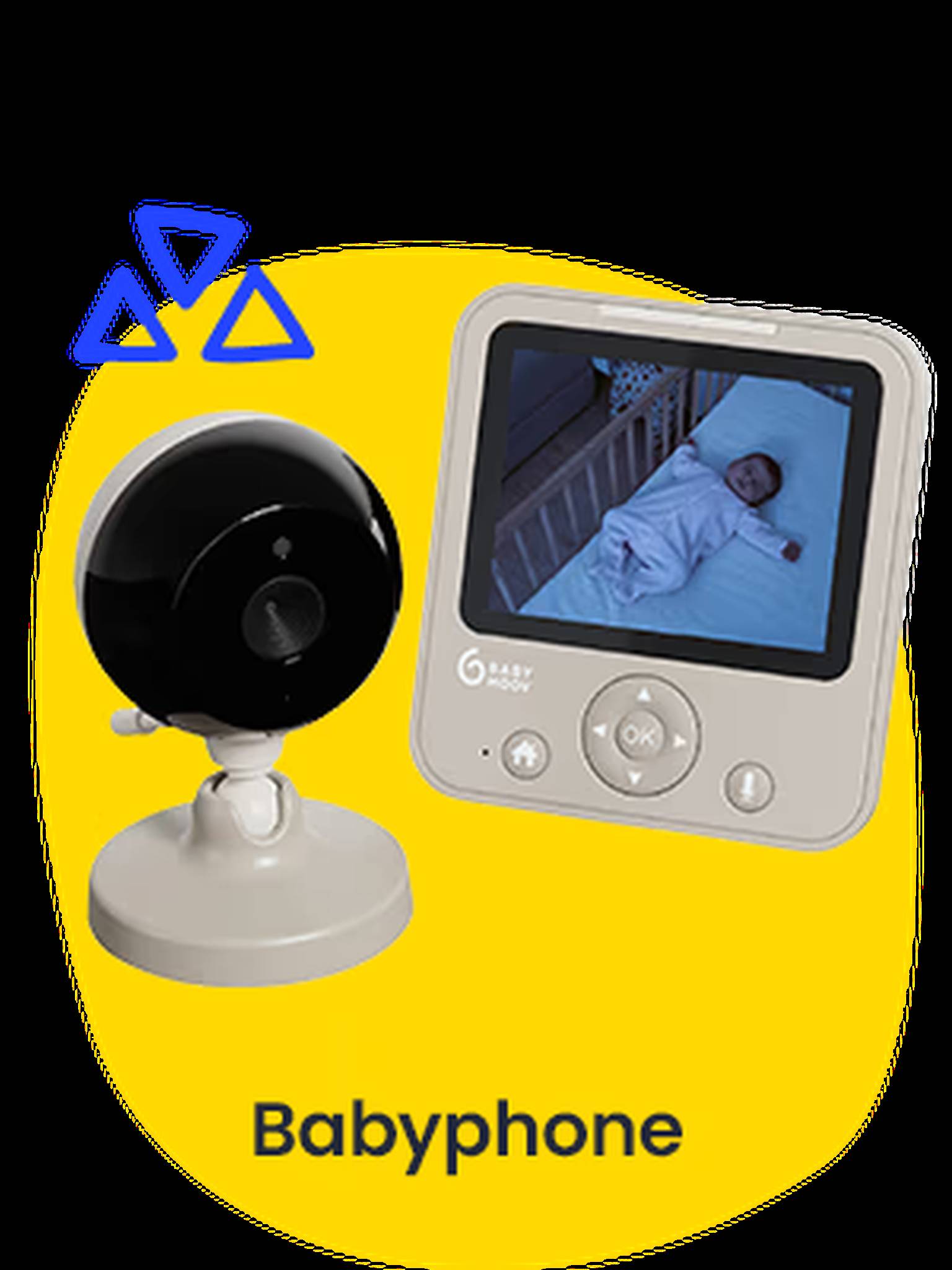 Babyphone. Auf einem gelben Shape ist ein Babyphone und eine dazugehörige Kamera abgebildet.
