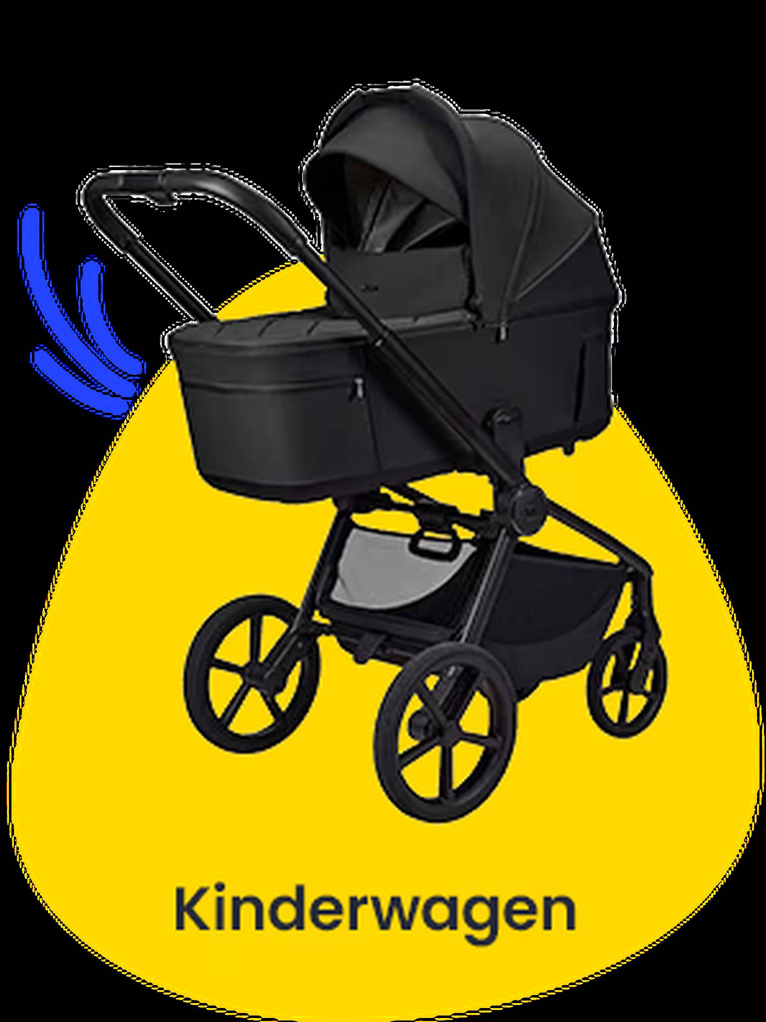 Kinderwagen. Auf einem gelben Shape ist ein schwarzer Kinderwagen abgebildet.