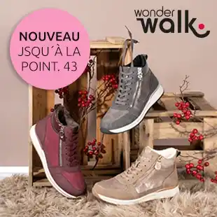 Drei knöchelhohe Sneaker in Bordeaux, Grau und Beige vor Holzsteigen mit roten Beerenzweigen; zusätzlich sind Logo und Hinweis auf Größen bis 43 dargestellt.