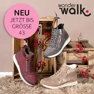 Drei knöchelhohe Sneaker in Bordeaux, Grau und Beige vor Holzsteigen mit roten Beerenzweigen; zusätzlich sind Logo und Hinweis auf Größen bis 43 dargestellt.