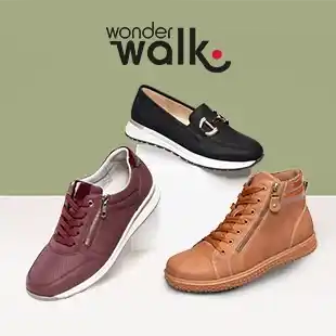 Drei Schuhe werden gezeigt: ein kastanienbrauner Sneaker, ein schwarzer Slipper und ein hellbrauner High-Top-Stiefel, darüber das „Wonder Walk“-Logo auf grünem Hintergrund.