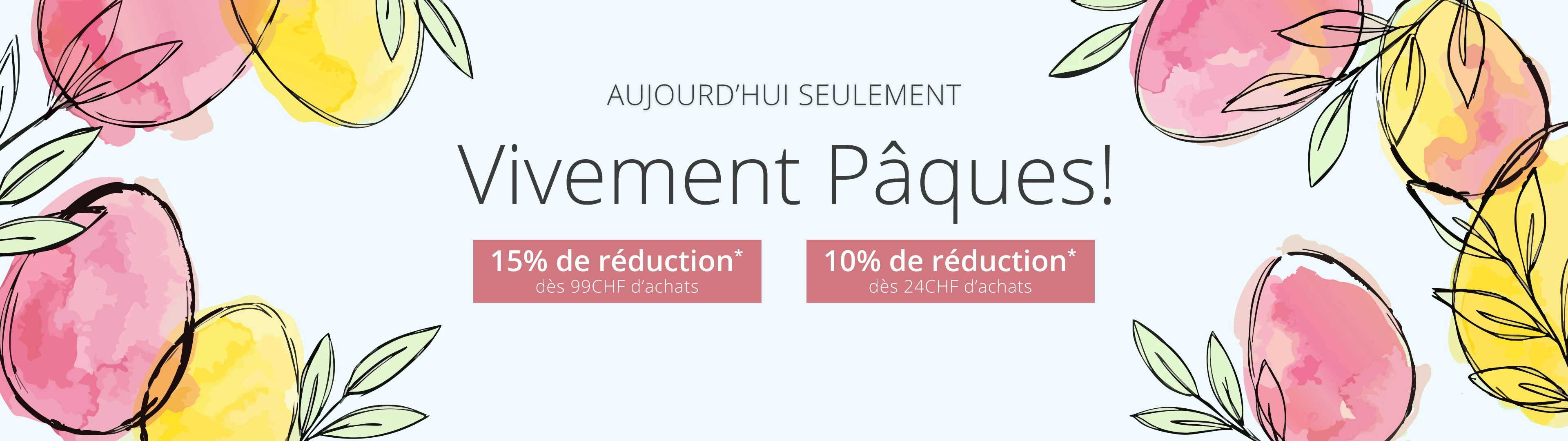 Une affiche à motif floral portant l'inscription « Pâques en perspective » propose deux réductions spéciales. Des fleurs et des feuilles colorées encadrent le message. 15 % de réduction* dès 99 CHF d'achat et 10 % de réduction* dès 24 CHF d'achat.