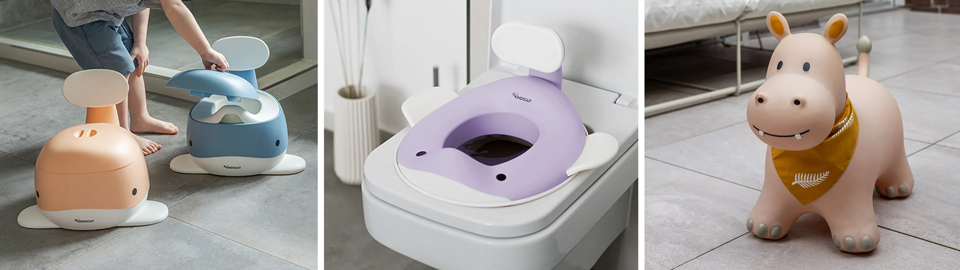 Drei Bilder von bunten Kinder-Toilettensitzen und einem Spielzeug in Nilpferdform auf einem gefliesten Boden.