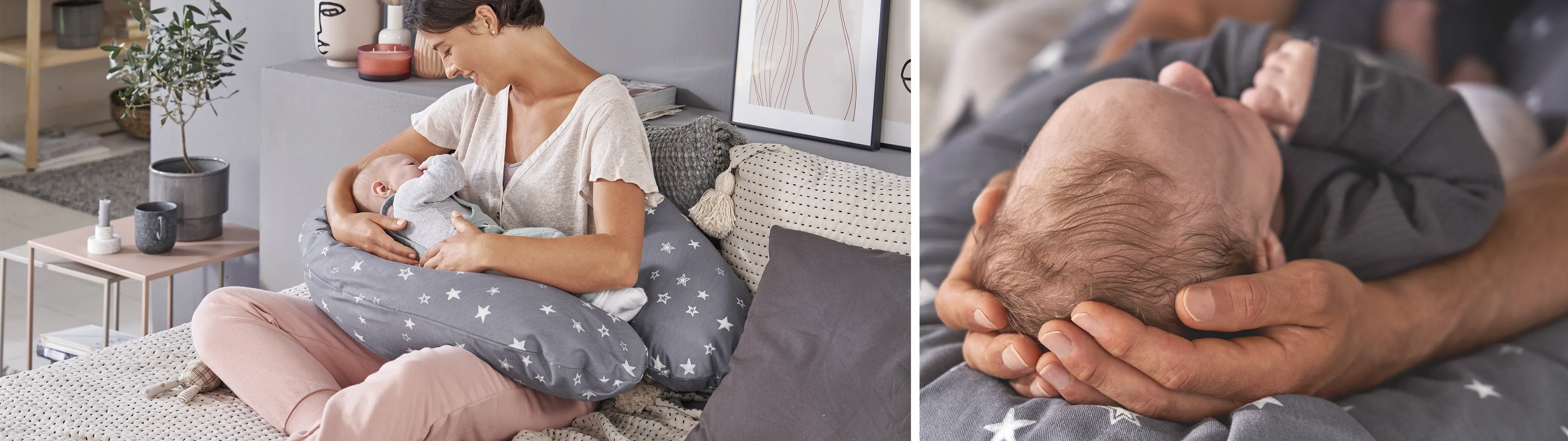 Eine Frau stillt ihr Baby mithilfe eines Stillkissens mit Sternenmuster; zudem eine Nahaufnahme von Händen, die den Kopf des Babys behutsam stützen.