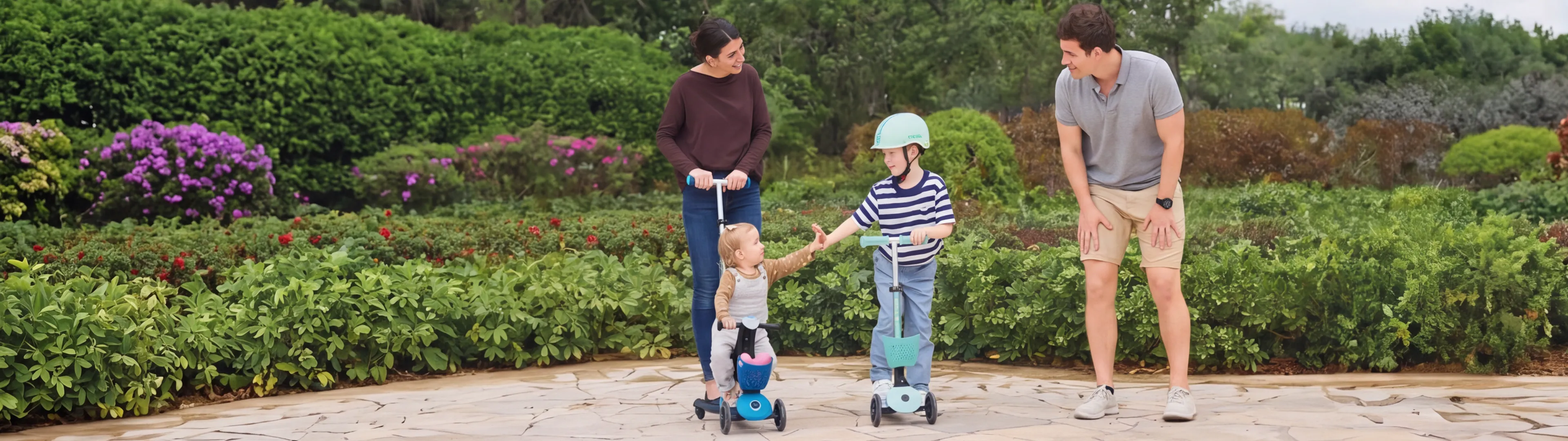 Eine vierköpfige Familie genießt einen sonnigen Tag in einem Park. Die Kinder fahren Roller, die Eltern lächeln in der Nähe, umgeben von üppigem Grün.