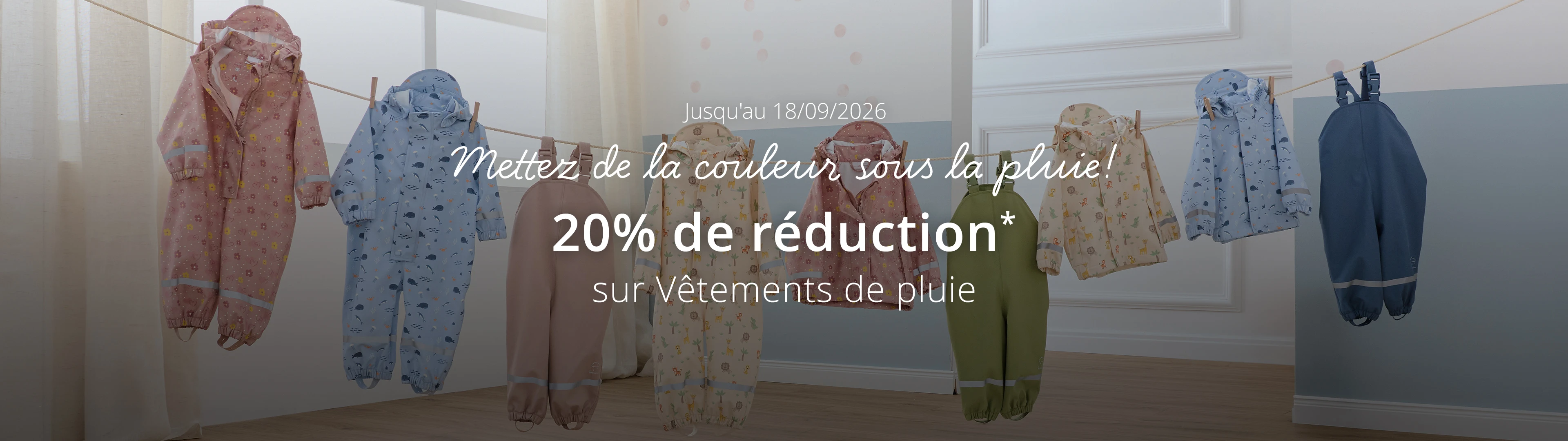 Jusqu'au 18/09/2026 Mettez de la couleur sous la pluie! 20% de réduction* sur Vêtements de pluie