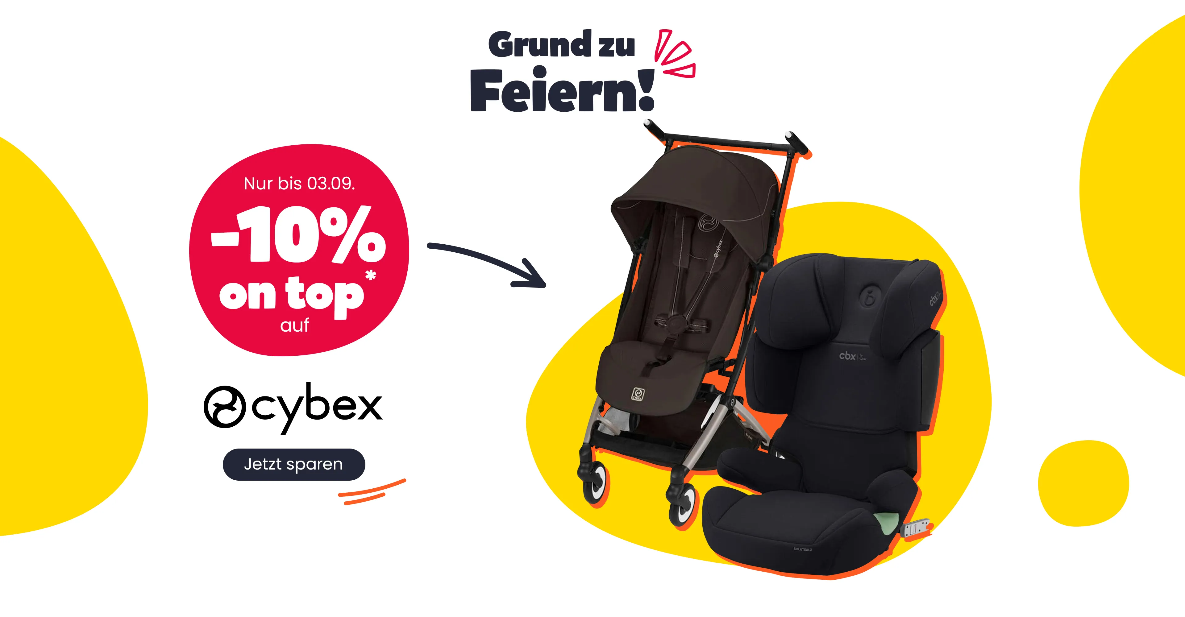 Grund zu Feiern! Nur bis zum 03.09. -10% on top auf Cybex - Jetzt sparen - Bild: Kindersitz und Kinderwagen