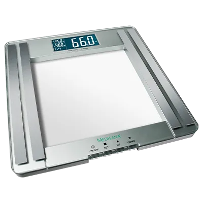 Digitale Körperfettwaage mit elegantem Metallic-Design.