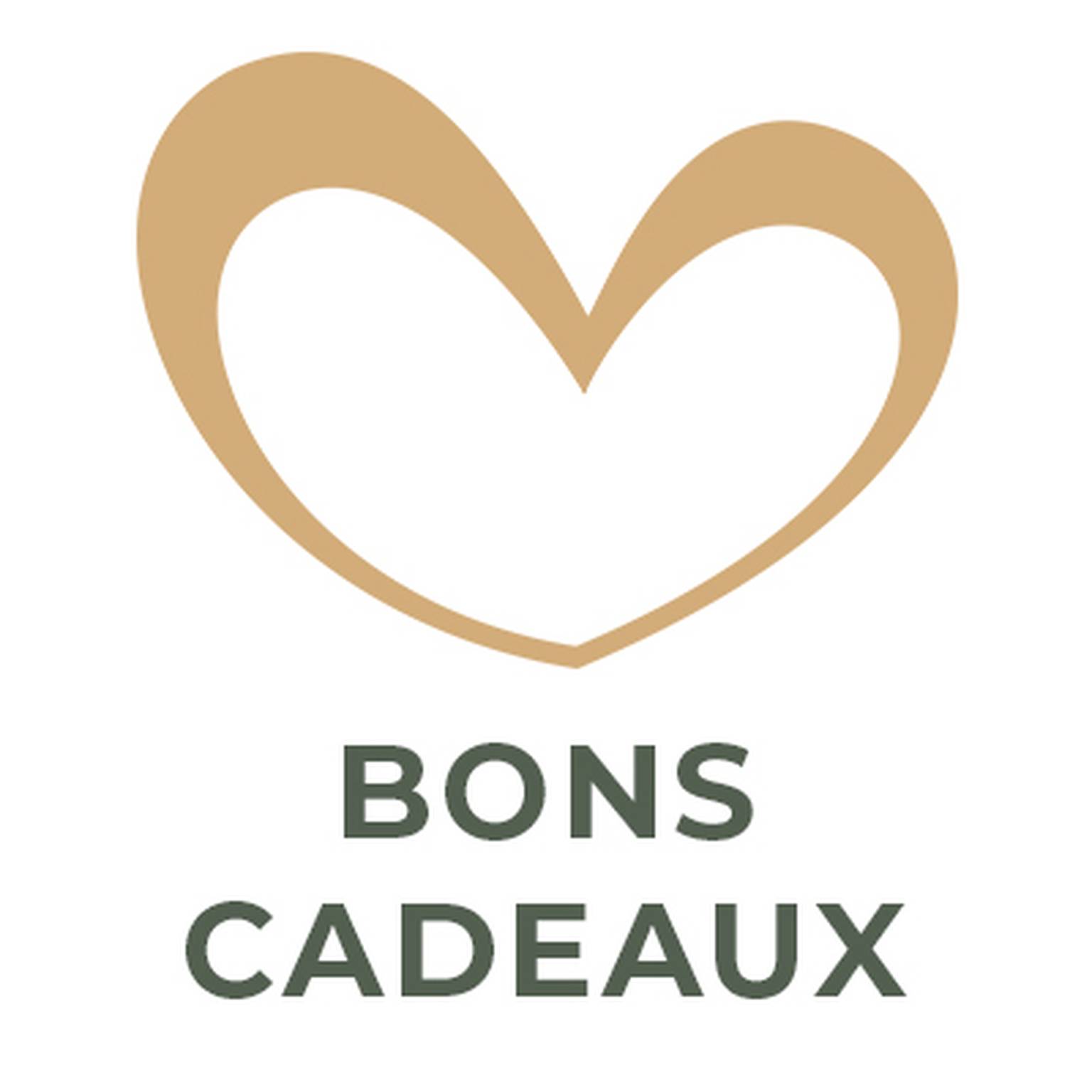 Au-dessus des mots « BONS CADEAUX » figure un cœur beige en caractères gras vert foncé sur fond blanc.