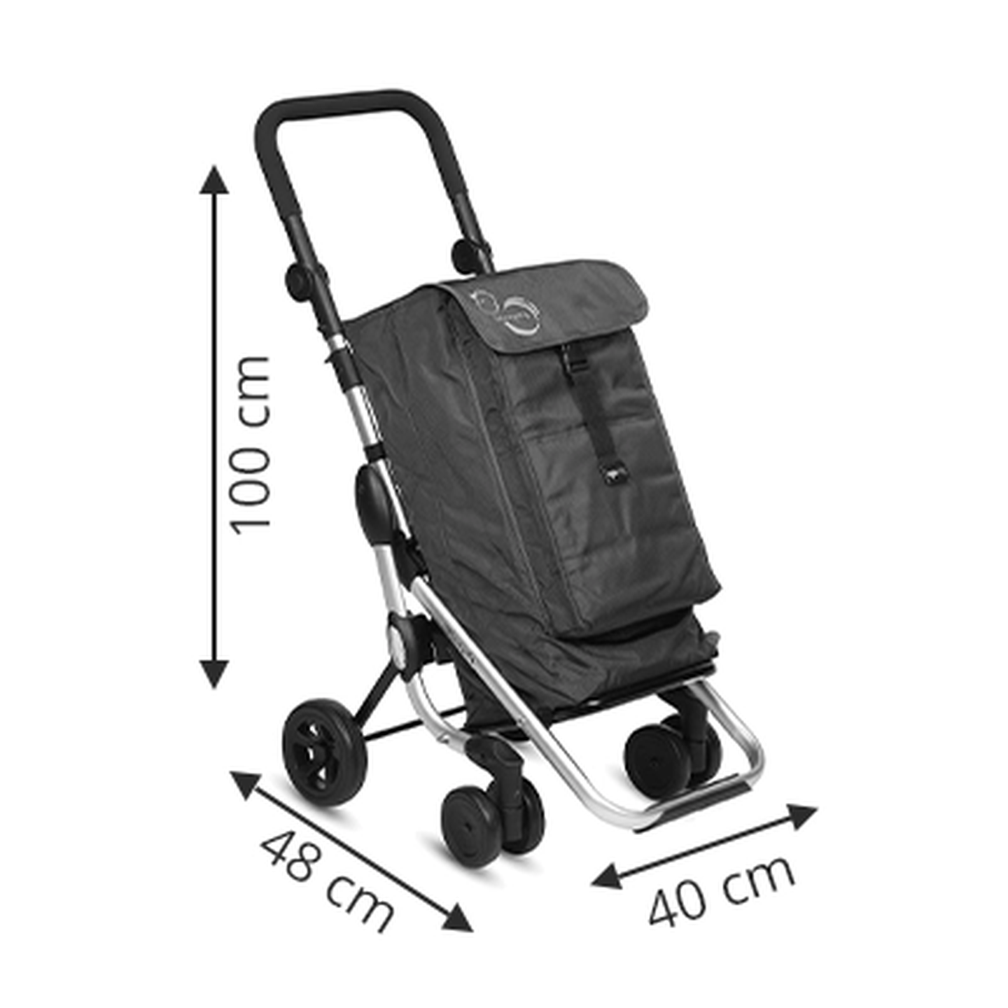 Ein schwarzer Trolley mit vier Rädern und einem gepolsterten Griff, 100 cm hoch, 48 cm breit und 40 cm tief.