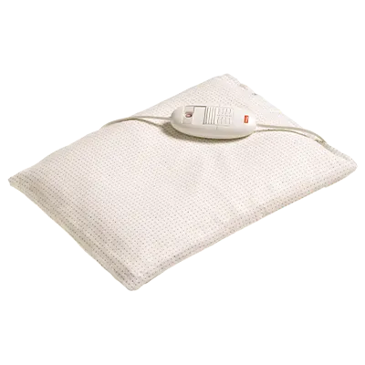 Ein weißes elektrisches Heizkissen mit strukturierter Oberfläche und einer daran befestigten Steuereinheit mit Tasten und einem Display.