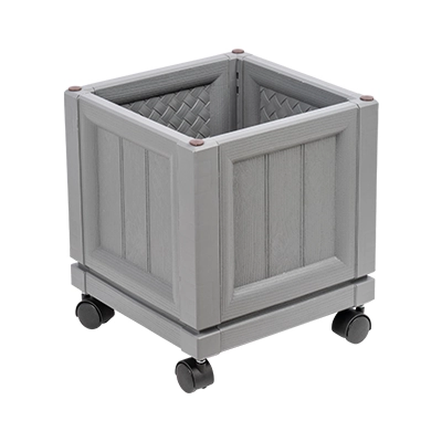 Grauer Pflanzkasten mit gewebtem Muster, ausgestattet mit vier Rollen für Mobilität.