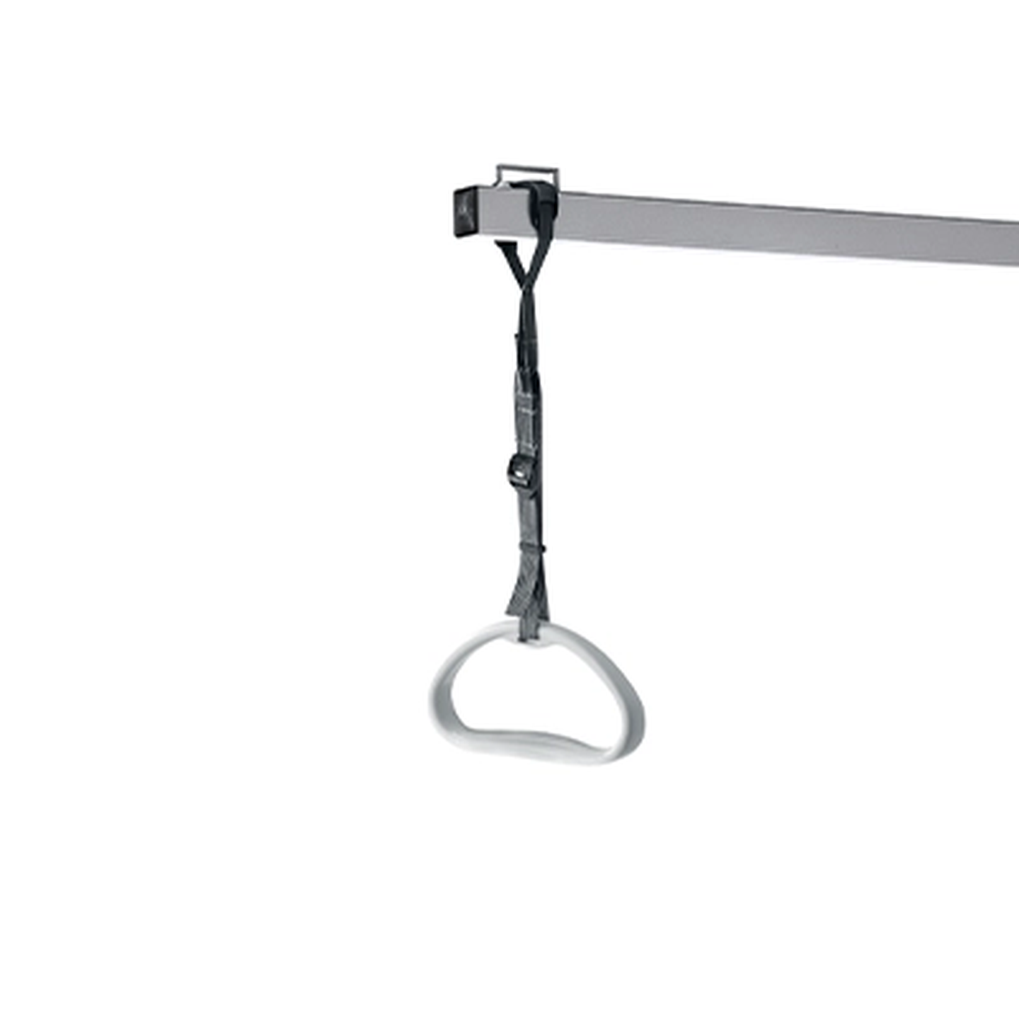 Trapezstange mit dreieckigem Griff, die an einem Metallrahmen aufgehängt ist, zur Unterstützung der Mobilität von Patienten.