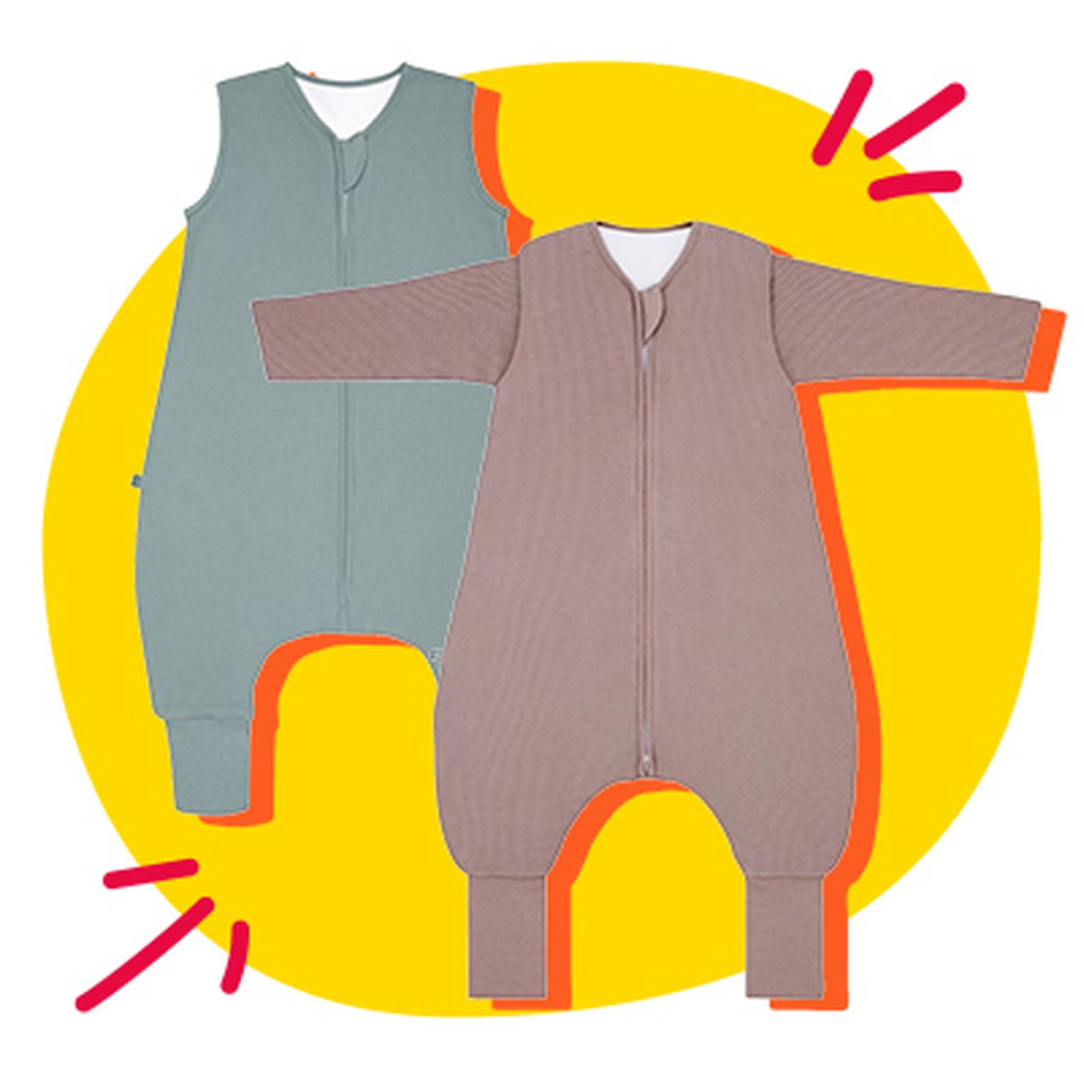 Zwei Babyschlafsäcke in unterschiedlichen Farben mit durchgehendem Reißverschluss und bequemer Passform. Die Schlafsäcke verfügen über Füße beziehungsweise Beinabschlüsse und bieten Bewegungsfreiheit während des Schlafens.