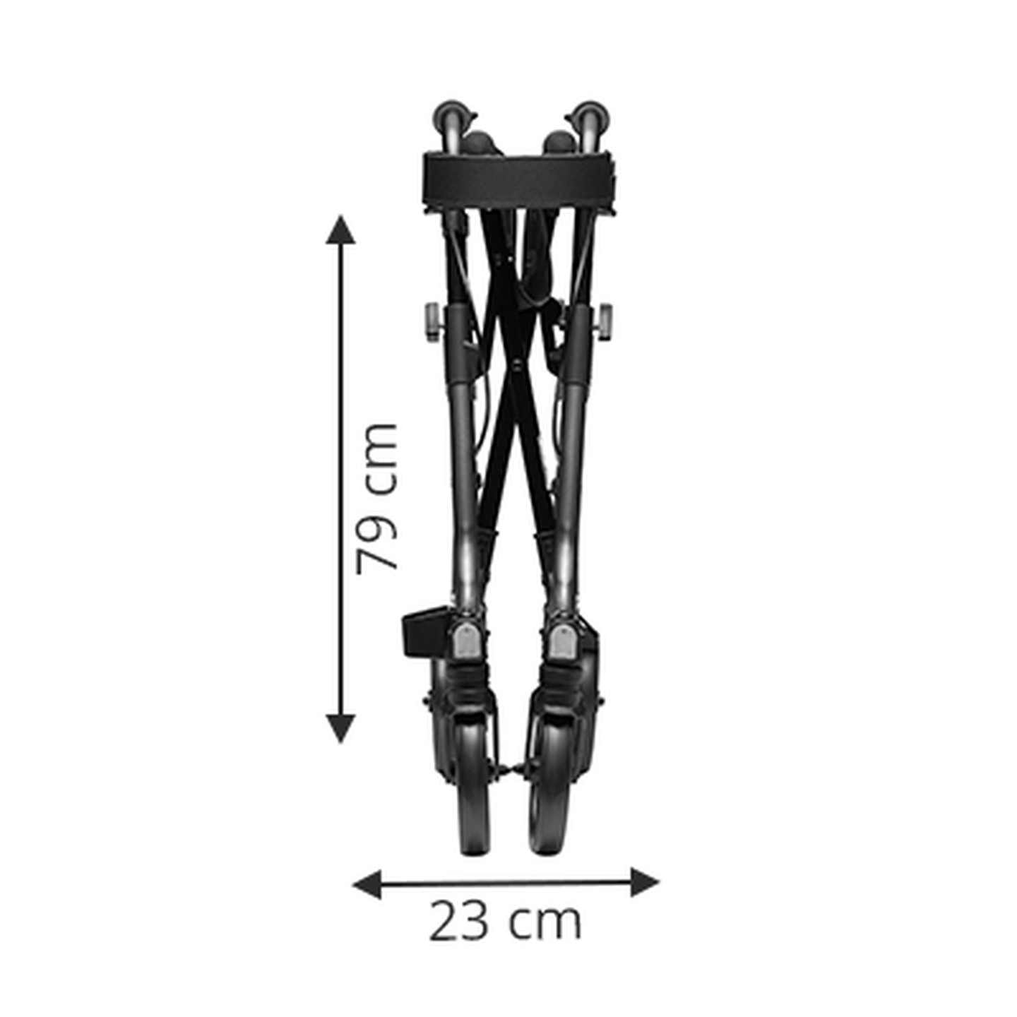 Zusammengeklappter Rollator mit den Maßen: 79 cm Höhe und 23 cm Breite, der sich durch ein kompaktes und tragbares Design auszeichnet.