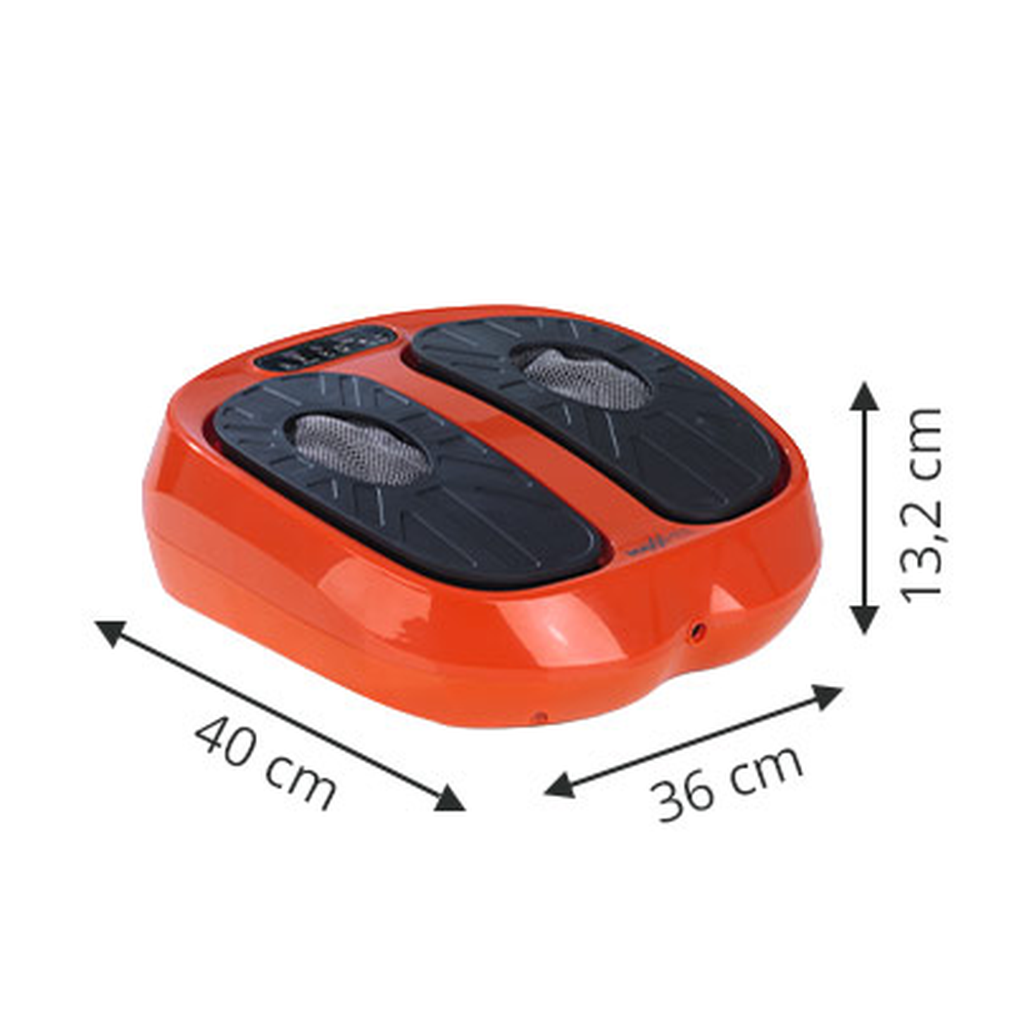 Orangefarbenes Fußmassagegerät mit digitaler Steuerung, zwei Fußschlitzen und den Maßen: 40 cm lang, 36 cm breit, 13,2 cm hoch.