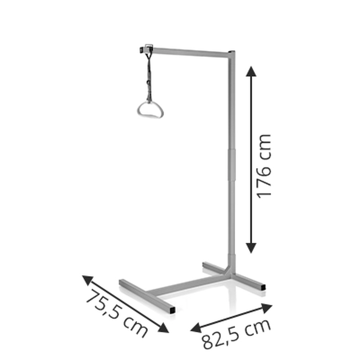 Aufrichthilfe, 176 cm hoch, 75,5 cm breit und 82,5 cm tief, dargestellt mit Maßpfeilen.