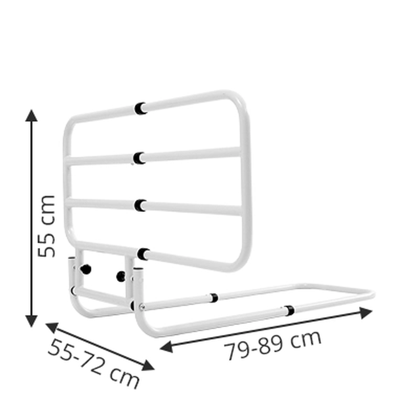 Weißes, verstellbares Bettgitter mit folgenden Maßen: Höhe 55 cm, Breite 55–72 cm, Länge 79–89 cm. Ideal für Sicherheit und Halt.