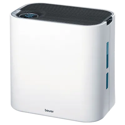 Ein eleganter, weißer Luftreiniger mit schwarzer Oberseite und Digitalanzeige, seitlichen Lüftungsöffnungen und einem kompakten, modernen Design.