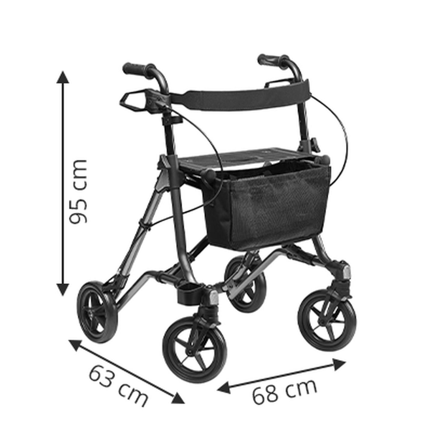 Ein schwarzer Rollator mit vier Rädern, einem Sitz und einem Ablagekorb, der 95 cm hoch, 63 cm tief und 68 cm breit ist.