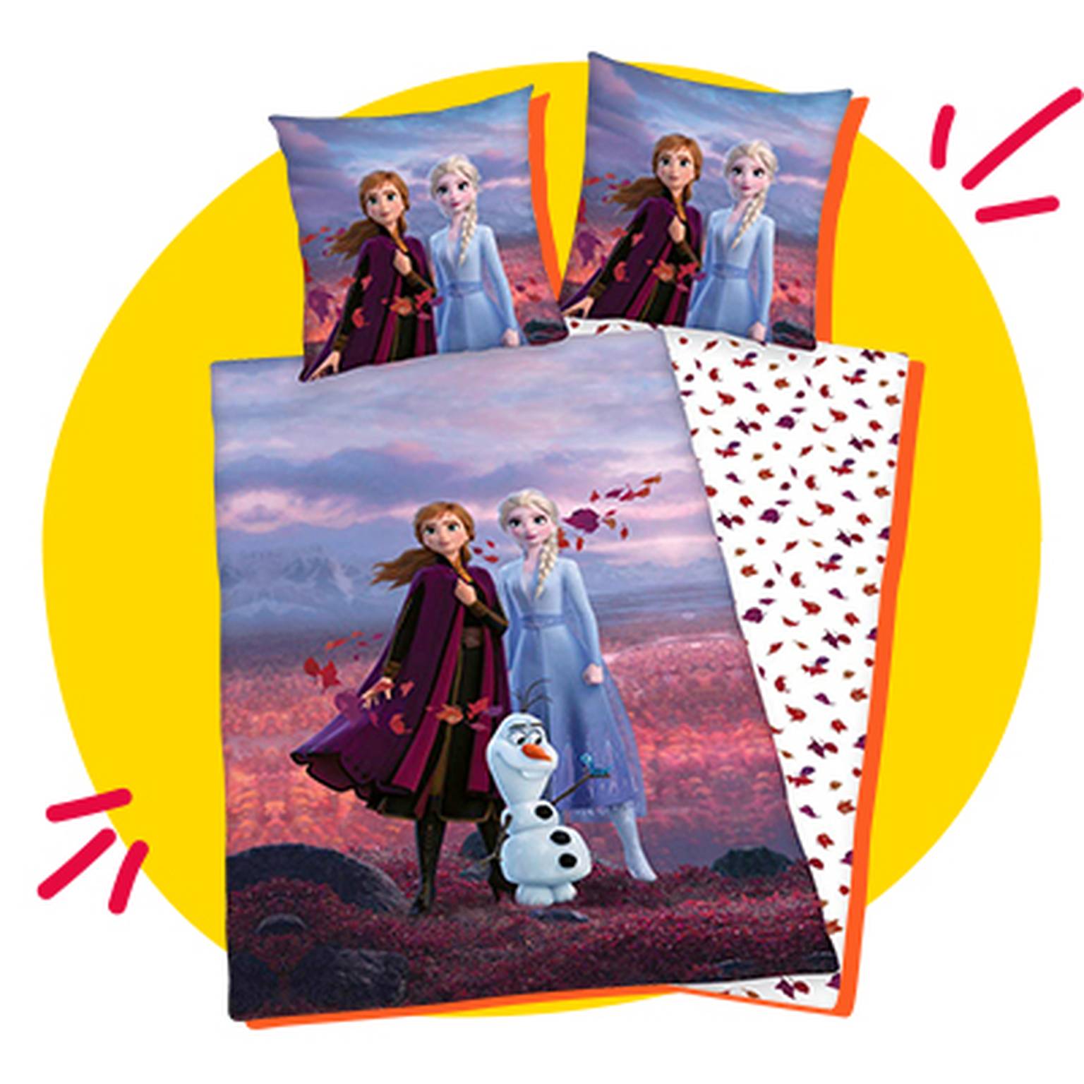 Children's bedding set featuring animated characters on a colorful background, with matching pillowcases displaying scenes from the same theme.