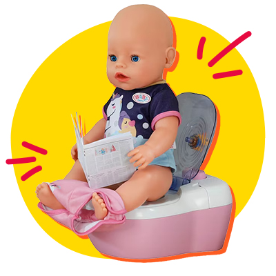 Eine Puppe, die auf einem Spielzeug-Töpfchen sitzt, ein kleines Buch in der Hand hält und deren rosa Hose heruntergezogen ist, vor einem gelben Hintergrund mit verspielten roten Akzenten.