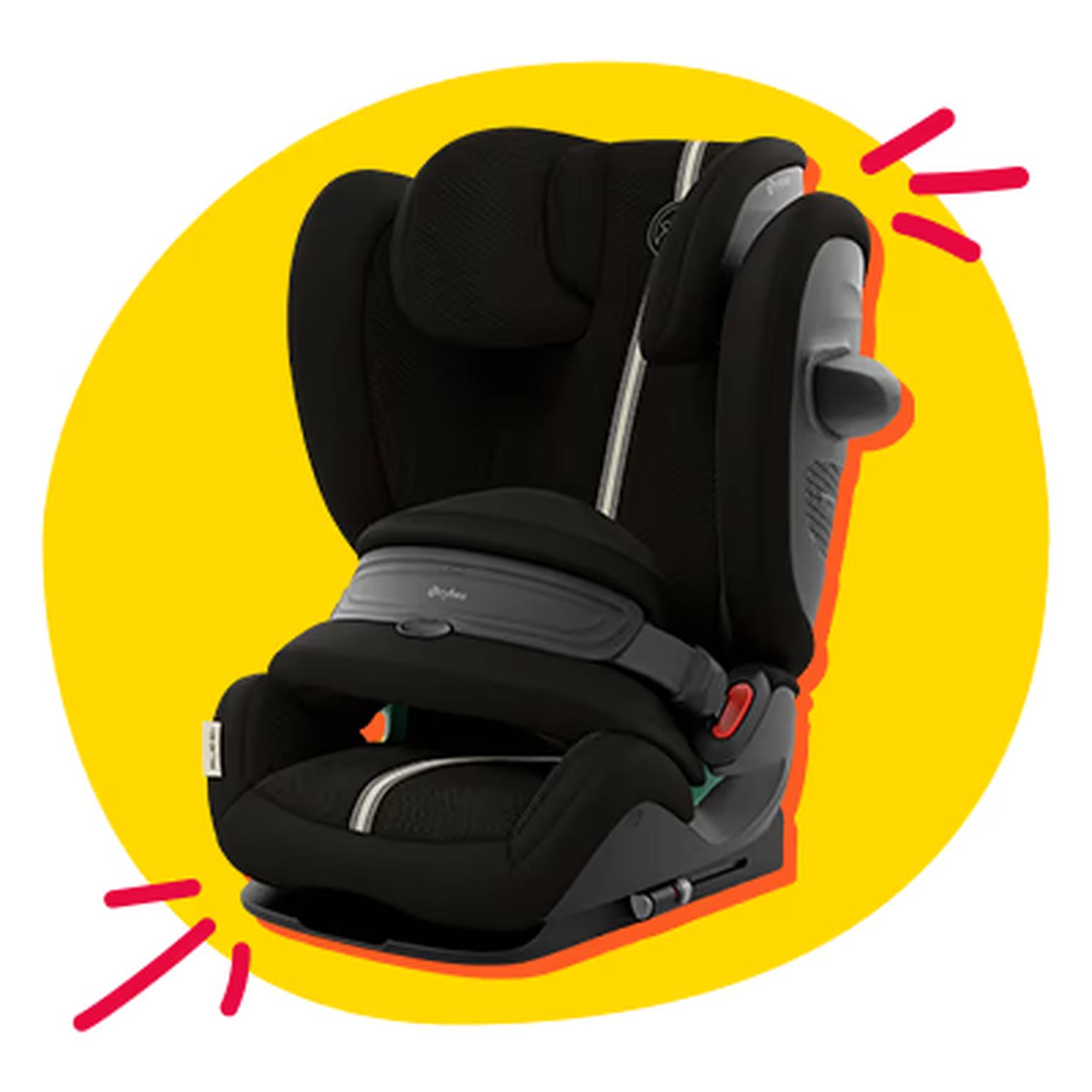 Autokindersitz in schwarzem Design mit Seitenaufprallschutz und verstellbarer Kopfstütze. Der Kindersitz bietet eine ergonomische Sitzfläche und eignet sich für sichere Fahrten mit Kindern.