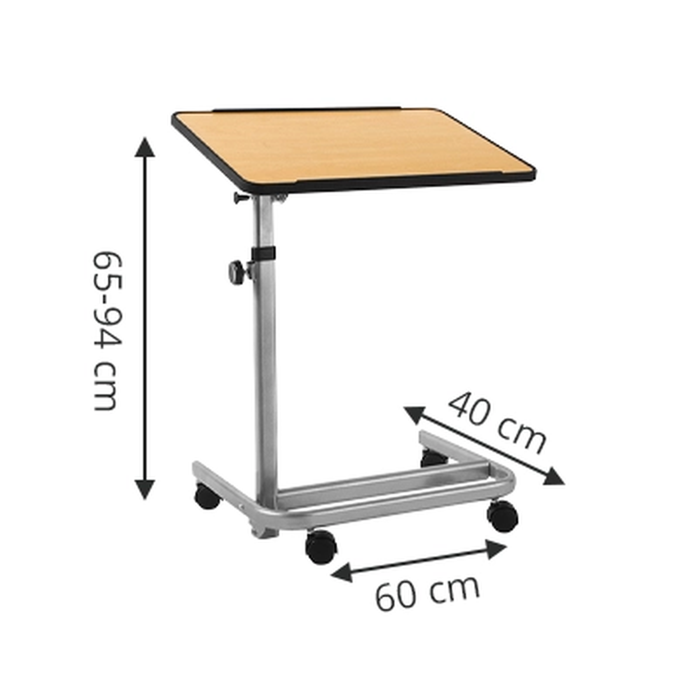 Verstellbarer Beistelltisch mit einer Oberfläche aus hellem Holz, Metallgestell und Lenkrollen. Maße: Höhe: 65–94 cm. 60 cm (Breite) x 40 cm (Tiefe).