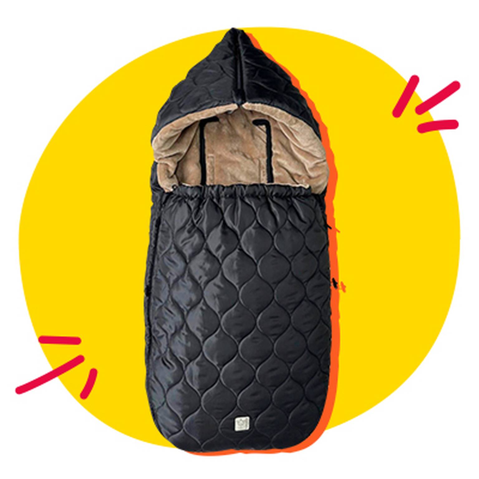 A black quilted baby sleeping bag with a hood and beige interior, set against a bright yellow circular background with red accent marks.