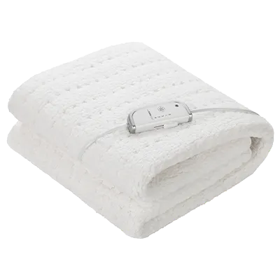 Einen gefaltetes weißes Wärmeunterbett auf Fleece mit strukturiertem Muster und angeschlossenem Steuergerät.