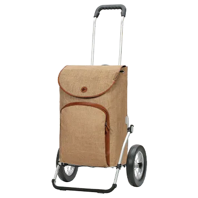 Ein beiger Einkaufswagen mit Stofftasche, Fronttasche und stabilen Rädern, der für einfachen Transport und Aufbewahrung konzipiert ist.