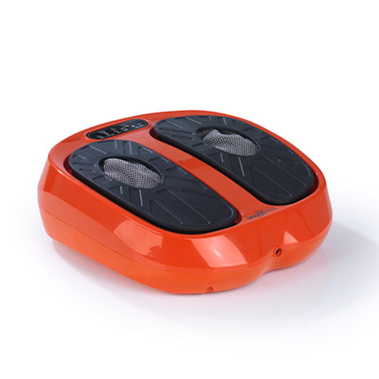 Orangefarbenes Fußmassagegerät mit schwarzen Fußpolstern und Bedienfeld auf der Oberseite, entwickelt zur Entspannung und Schmerzlinderung.