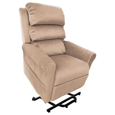 Beiger Liegesessel mit Plüschkissen und Armlehnen, der Komfort und Unterstützung beim Aufstehen bietet.