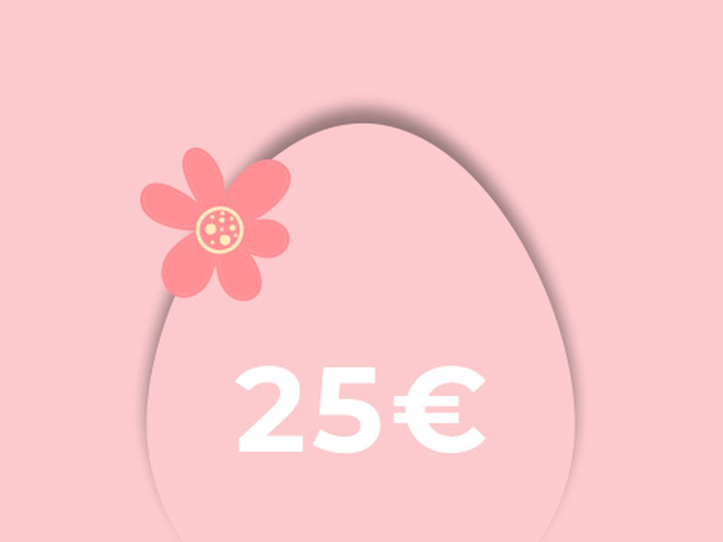 Rosa Hintergrund mit einem großen, eiförmigen Bild, auf dem in Weiß „25€“ steht. Eine kleine rosa Blume ziert die obere linke Ecke des Eis.