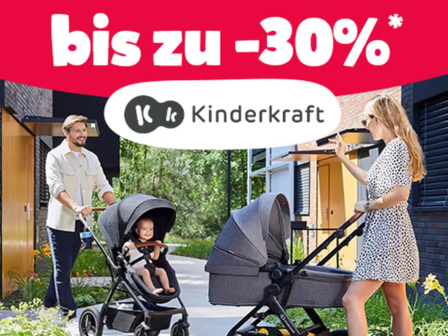 bis zu -30% - Kinderkraft - Bild eines Pärchens im Freien mit zwei Kinderwägen