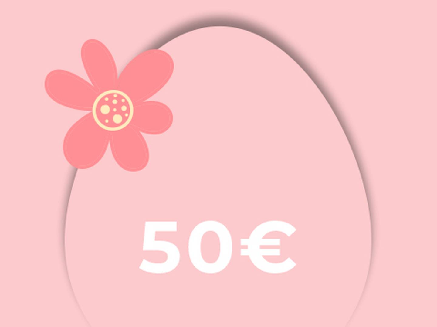 Rosa Hintergrund mit einem großen, eiförmigen Bild, auf dem in Weiß „50€“ steht. Eine kleine rosa Blume ziert die obere linke Ecke des Eis.