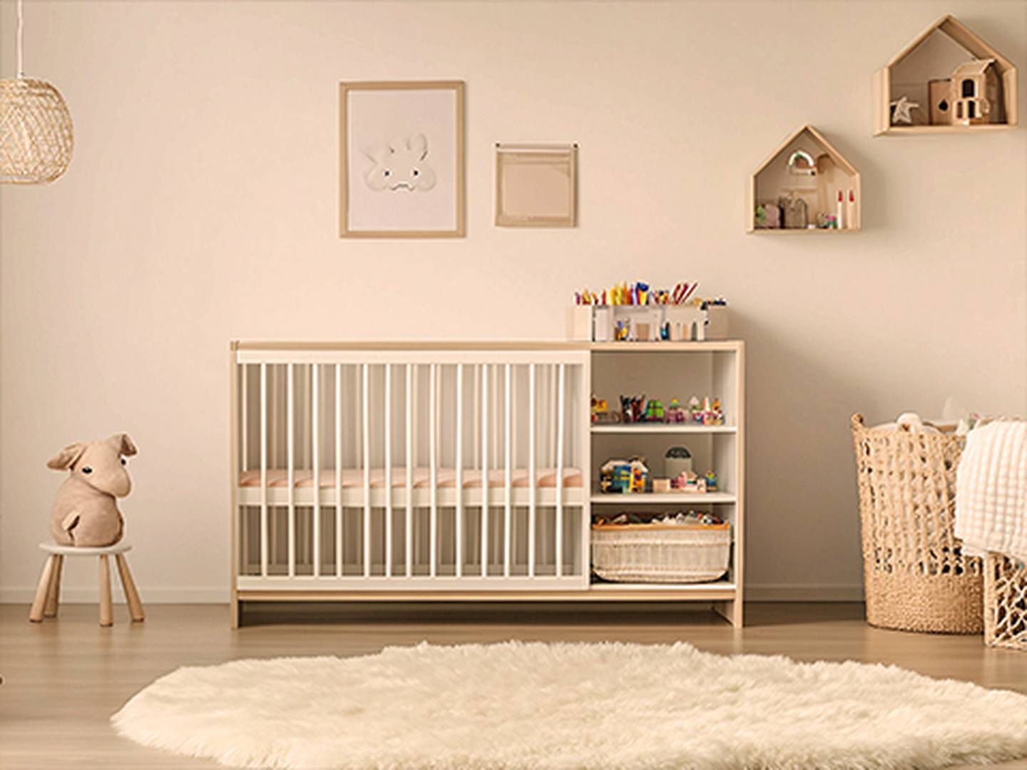 Ein gemütliches Kinderzimmer mit einem Kinderbett, Regalen voller Spielzeug, einem weichen Teppich, einem Weidenkorb und Wanddekorationen. Ein Stofftier sitzt auf einem kleinen Hocker.