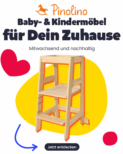 Werbebanner von Pinolino für Baby- und Kindermöbel mit dem Slogan „Baby- & Kindermöbel für Dein Zuhause“. Abgebildet ist ein mitwachsender Lernturm aus Holz sowie ein Button mit der Aufschrift „Jetzt entdecken“.