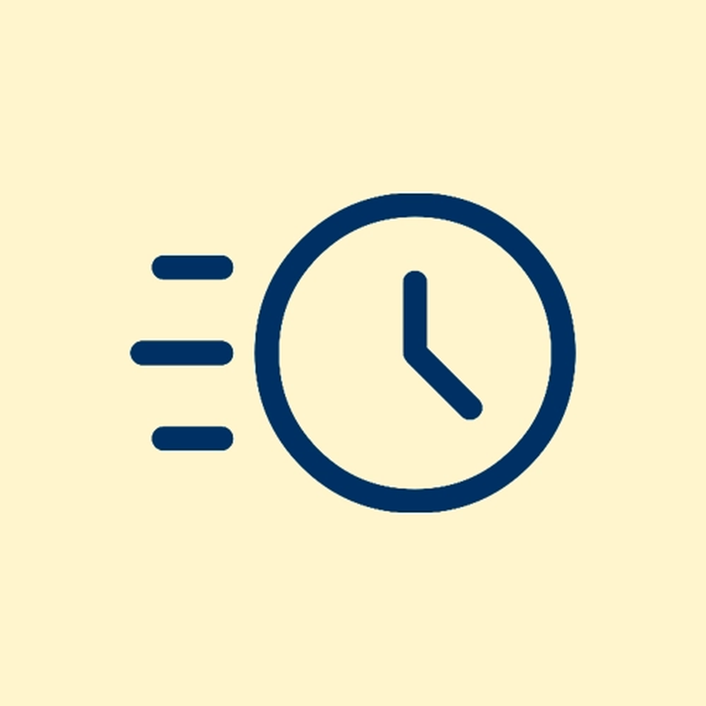 Symbol einer Uhr mit drei Bewegungslinien auf der linken Seite, die Geschwindigkeit oder schnell vergehende Zeit symbolisieren, vor einem hellen Hintergrund.