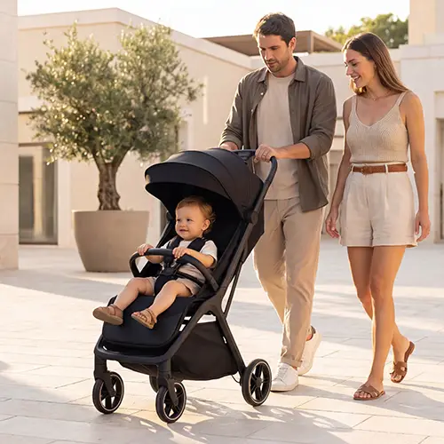 Ein Paar spaziert im Freien und schiebt einen Kleinkind in einem schwarzen Kinderwagen unter strahlend blauem Himmel. Die Szene wirkt ruhig und modern, in der Nähe steht ein großer Topfbaum.