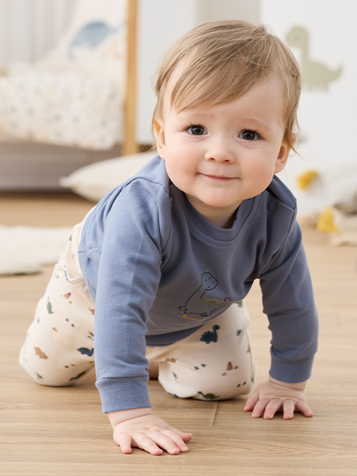 Ein lächelndes Baby mit hellbraunem Haar, das ein blaues Langarmshirt und eine gemusterte Hose trägt, krabbelt auf einem Holzboden in einem gemütlichen Zimmer.