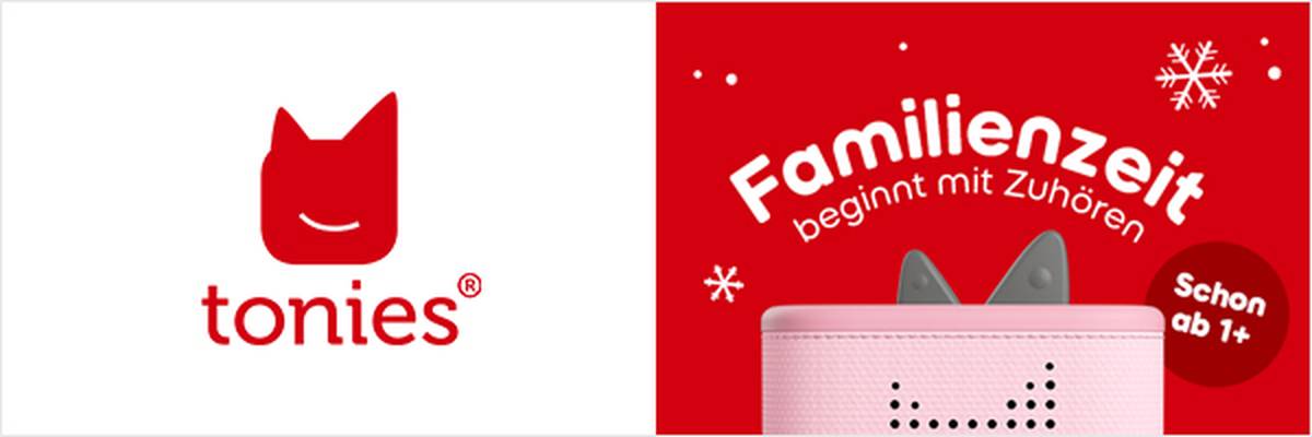 Rote und weiße Tonies-Werbung die zum gemeinsamen Musikhören mit der Familie animiert.