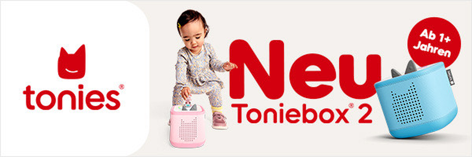 Werbung für Toniebox 2 mit einem Kleinkind, das mit einer rosa Toniebox spielt. Der Text lautet „Neu“ und „Ab 1+ Jahren“, abgebildet ist eine blaue Toniebox.