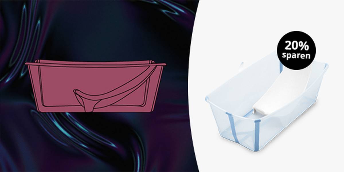 Illustration und Foto einer Babybadewanne mit abnehmbarem Sitz. Auf dem Foto ist ein „20% Sparen“-Aufkleber zu sehen. Der Hintergrund ist dunkel und glänzend.