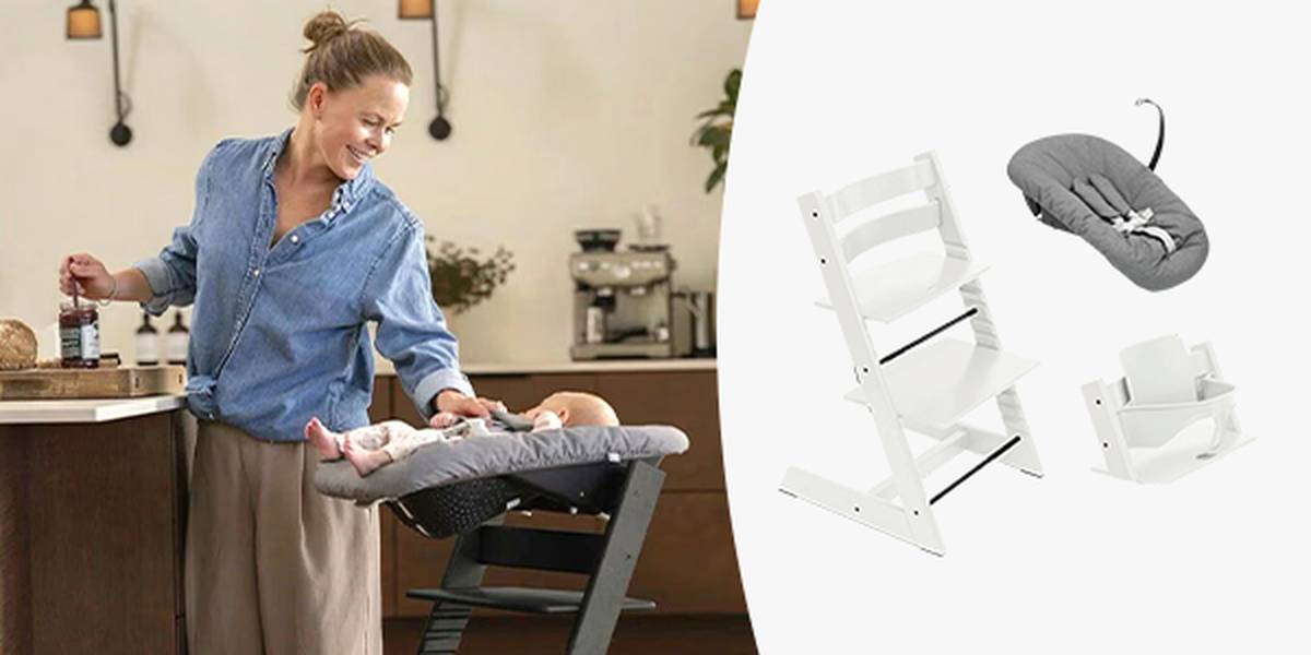 Eine Frau lächelt ein Baby auf einem Hochstuhl an. Rechts ist der Hochstuhl mit abnehmbaren Teilen vor weißem Hintergrund abgebildet.