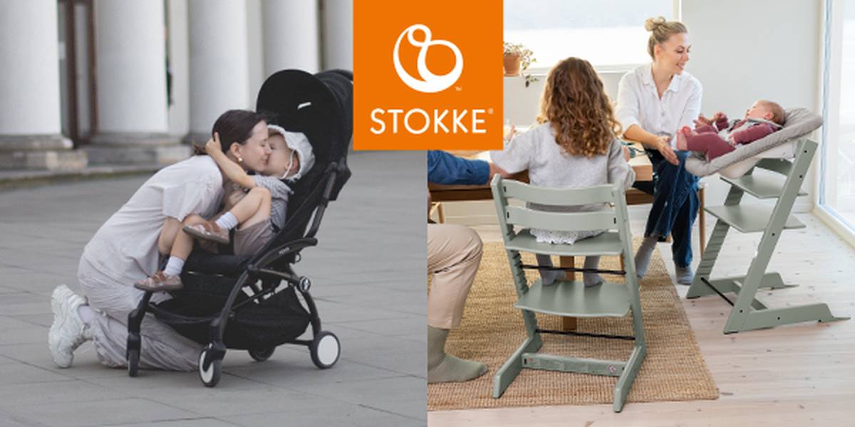 Eine Frau küsst im Freien ein Kind im Kinderwagen; drinnen interagiert eine Frau mit zwei Kindern in Hochstühlen. Das Stokke-Logo ist zu sehen.