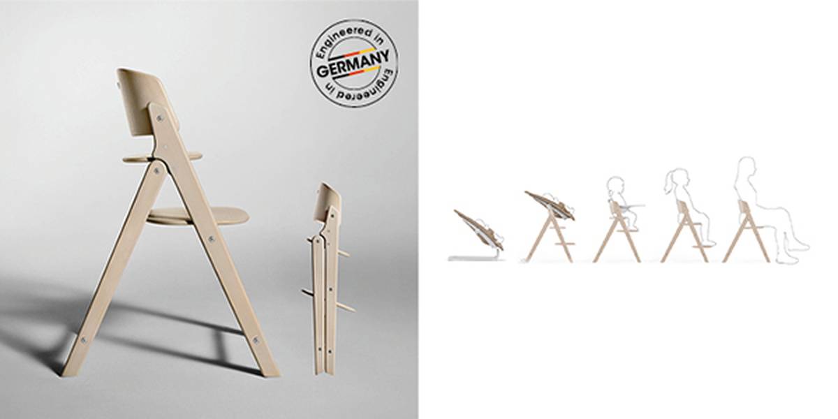 Adjustable wooden high chair, folded and unfolded. German engineering seal and user silhouette illustrations showing different seating positions.