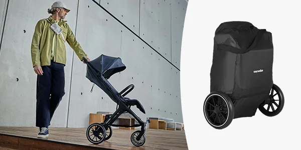 Ein Mann schiebt einen modernen schwarzen Kinderwagen über einen Holzboden; rechts ist eine isolierte Kinderwagentasche mit Rädern zu sehen.