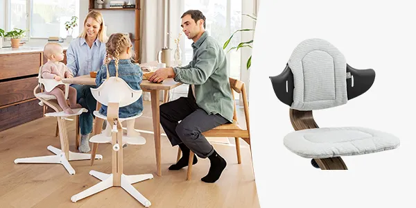 Eine Mutter mit zwei Kindern sitzt an einem Tisch und verwendet moderne Hochstühle. Daneben ist ein Bild eines Hochstuhl-Kissens abgebildet.